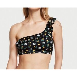 New Victorias Secret Ruffle‎ One Shoulder Swim Top XL Black Lemons Floral Padded